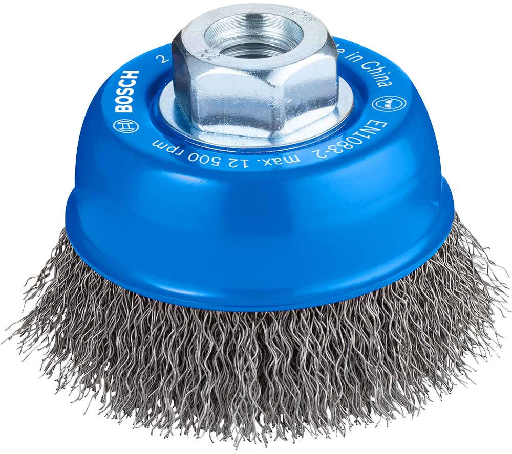 BOSCH Cup wire brush 75 mm diameter, steel crimped wire, M14 thread, 12,500 RPM max 2.608.622.098