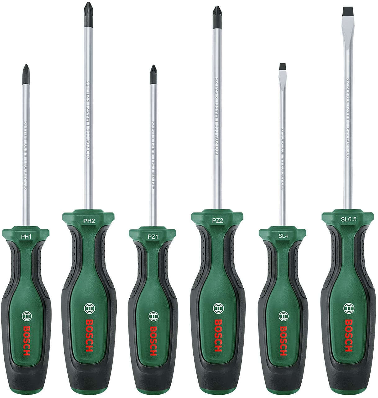 BOSCH 6-Piece Mixed Screwdriver Set with Hard S2 Steel Shafts and Ergonomic Soft Grip Handles (Pozidrive, Phillips, Slotted) A02.BX7.1.600