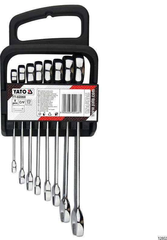 YATO 8-piece metric ratchet combination wrench set with 72-tooth ratcheting box end and chrome finish YT-02068