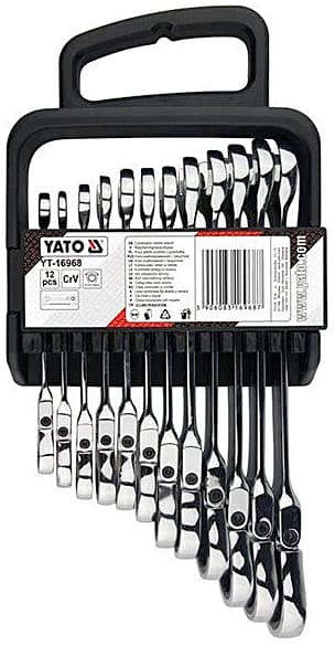 YATO 12PCS Combination Ratchet Spanner Set with Sizes 8-19mm, CrV Alloy Steel, Polished Finish YT-16968