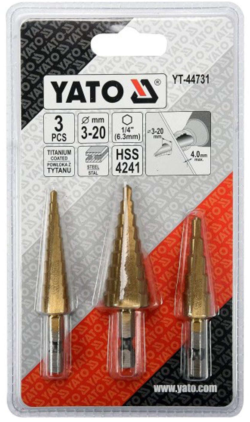 YATO 3-piece titanium coated HSS step drill set with drill diameters 3-20 mm YT-44731