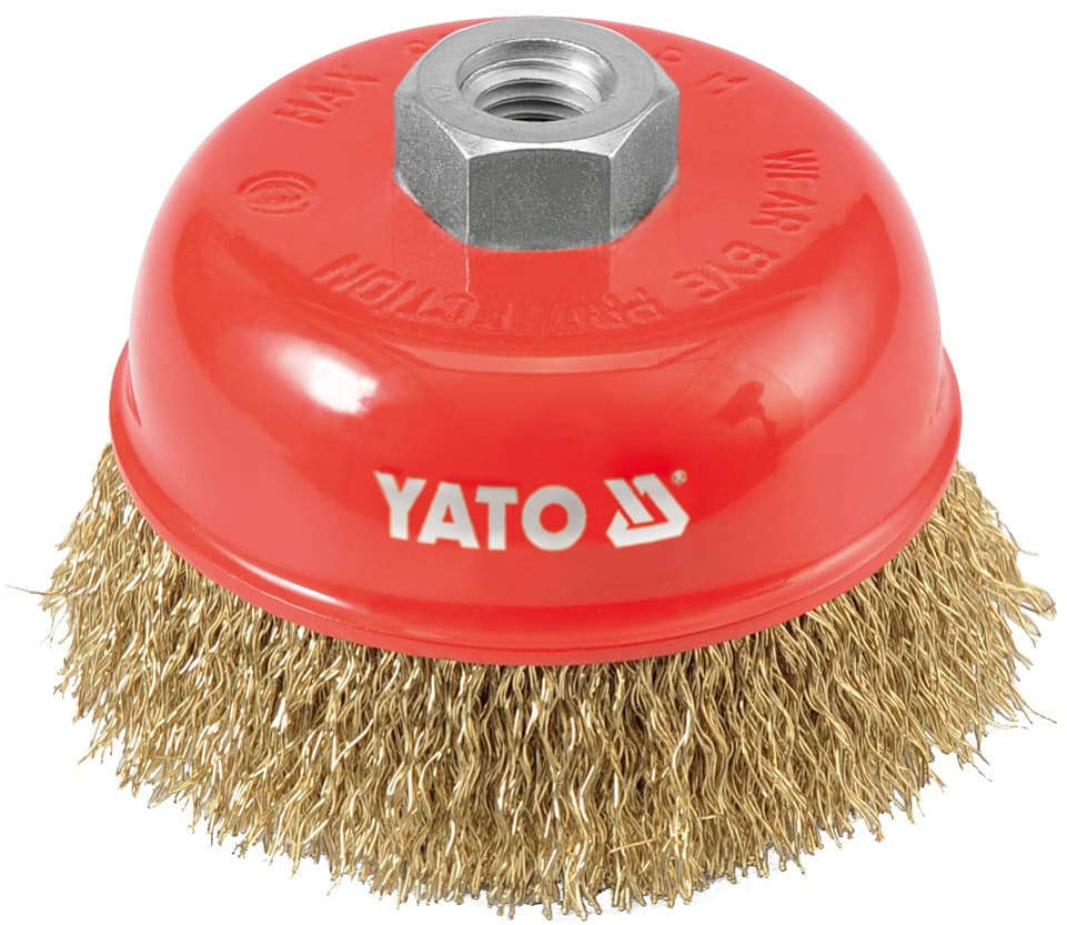YATO Crimped brass wire cup brush 100mm diameter with 14mm bar for angle grinders YT-4766