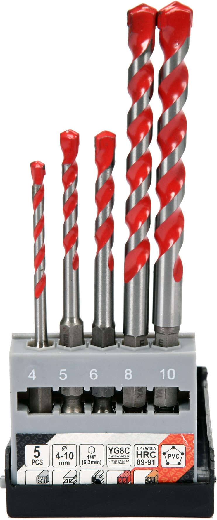 YATO Universal drill bit set 5pcs 4-10mm with 1/4 inch hex shank for multi-material use YT-44789