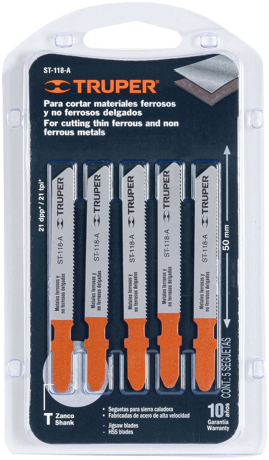 TRUPER 21-TPI 50 MM Straight Metal Plastic and Aluminum Cutting Jigsaw Blade T-Shank Pack of 5 20300284