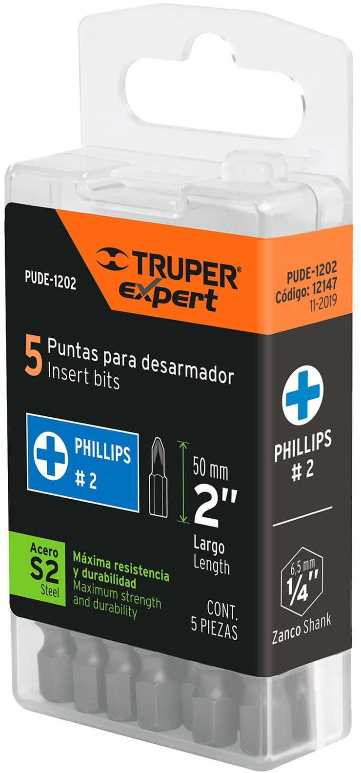 TRUPER Expert Phillips Screwdriver Bits #2 2 inch Length Pack of 5 Stilt 1/4 inch S2 Steel 20300469