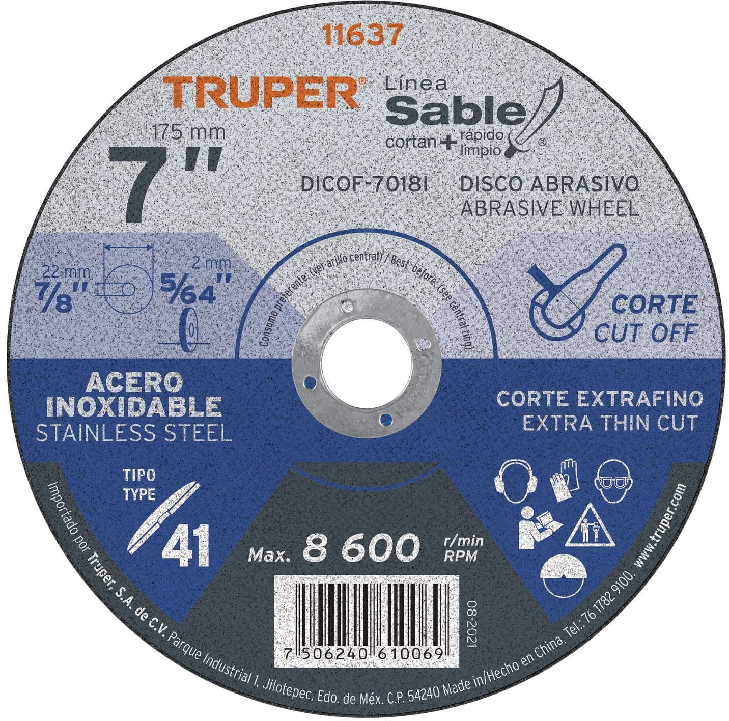 TRUPER Cut Off Wheel 7 inch x 7/8 inch x 2 mm Thickness Extra Thin Cut Stainless Steel 20300523