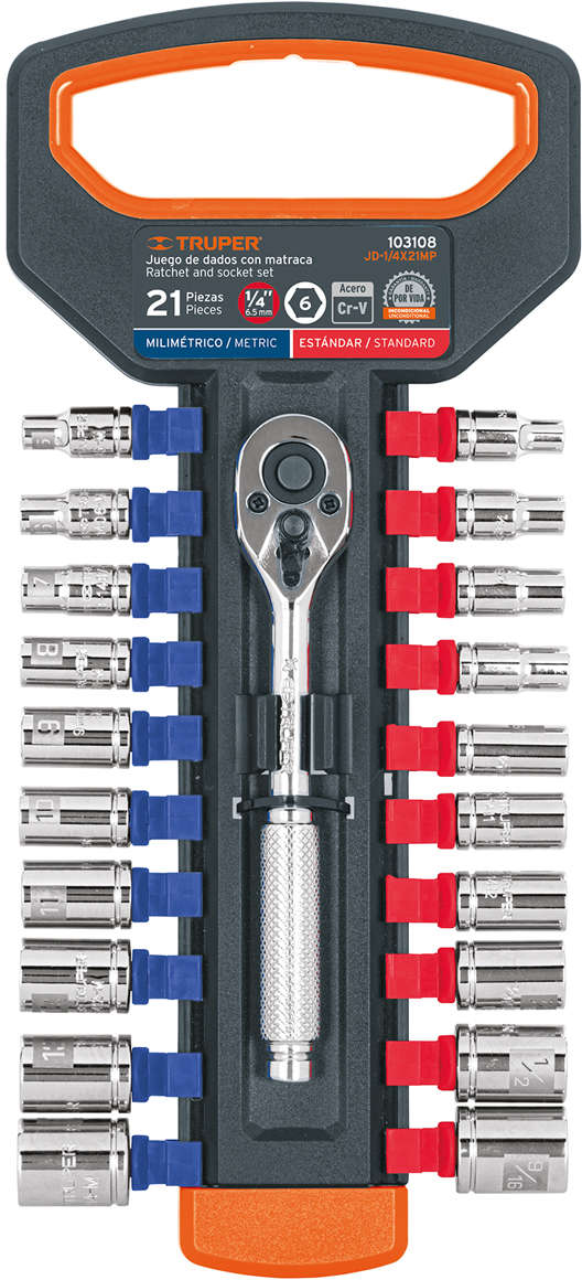 TRUPER Socket Set With Ratchet 1/4 inch Square 21 Pcs Chrome vanadium steel Chrome 20300588
