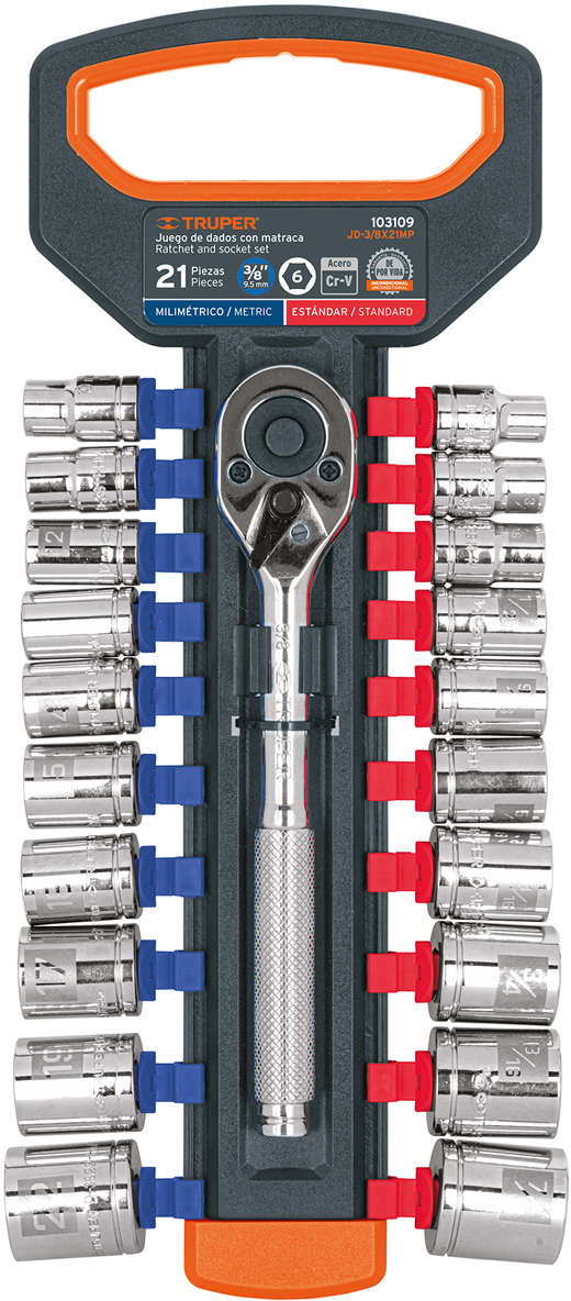 TRUPER Socket Set With Ratchet 3/48 inch Square 21 Pcs Chrome vanadium steel Chrome 20300589