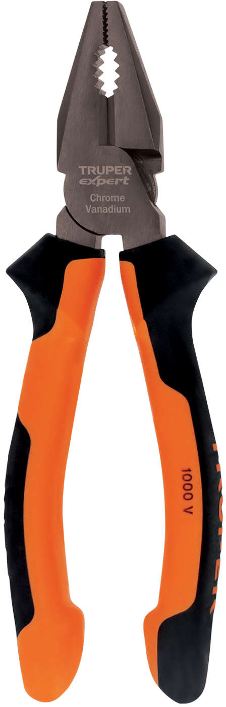 TRUPER Expert High-Leverage Professional Linesman Pliers 7 inch Length Insulated up to 1000 Volts of AC Chrome Vanadium Steel Comfort Grip Handle Black/Orange Gray Nickel-Plated Finish Cross-Hatched knurl for a Better Grip Blades Designed for Precis 20300601
