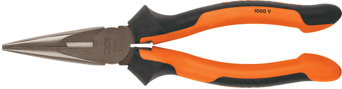 TRUPER Expert Long Nose Pliers 8 inch Length Insulated up to 1000 Volts of AC Chrome Vanadium Steel Comfort Grip Handle Black/Orange Gray Nickel-Plated Finish Point and Cut Used For Reaching into Tight Sps Wire Cutter Grippin Nose Sharp Blades 20300604