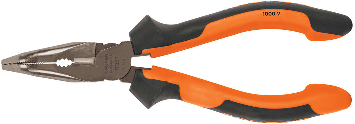 TRUPER Expert Bent Long Nose Pliers 6 inch Length Insulated up to 1000 Volts of AC Chrome Vanadium Steel Comfort Grip Handle Black/Orange Gray 45? Bent Nose for Reaching Around Obstructions Nickel-Plated Finish Sharp Blades for Fast Precise Cuts 20300605