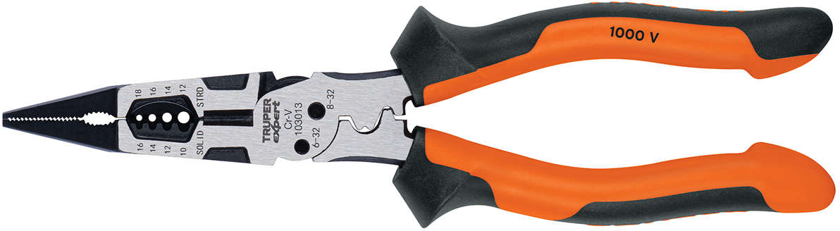 TRUPER Multipurpose Clamp Long tipComfort Grip 8 inch Screw cutter Size 6-32 and 8-32 Strips gauge wire 16 to 10 AWG Solid | 18 to 12 AWG Braided Chrome vanadium steel Orange/Black 20300616