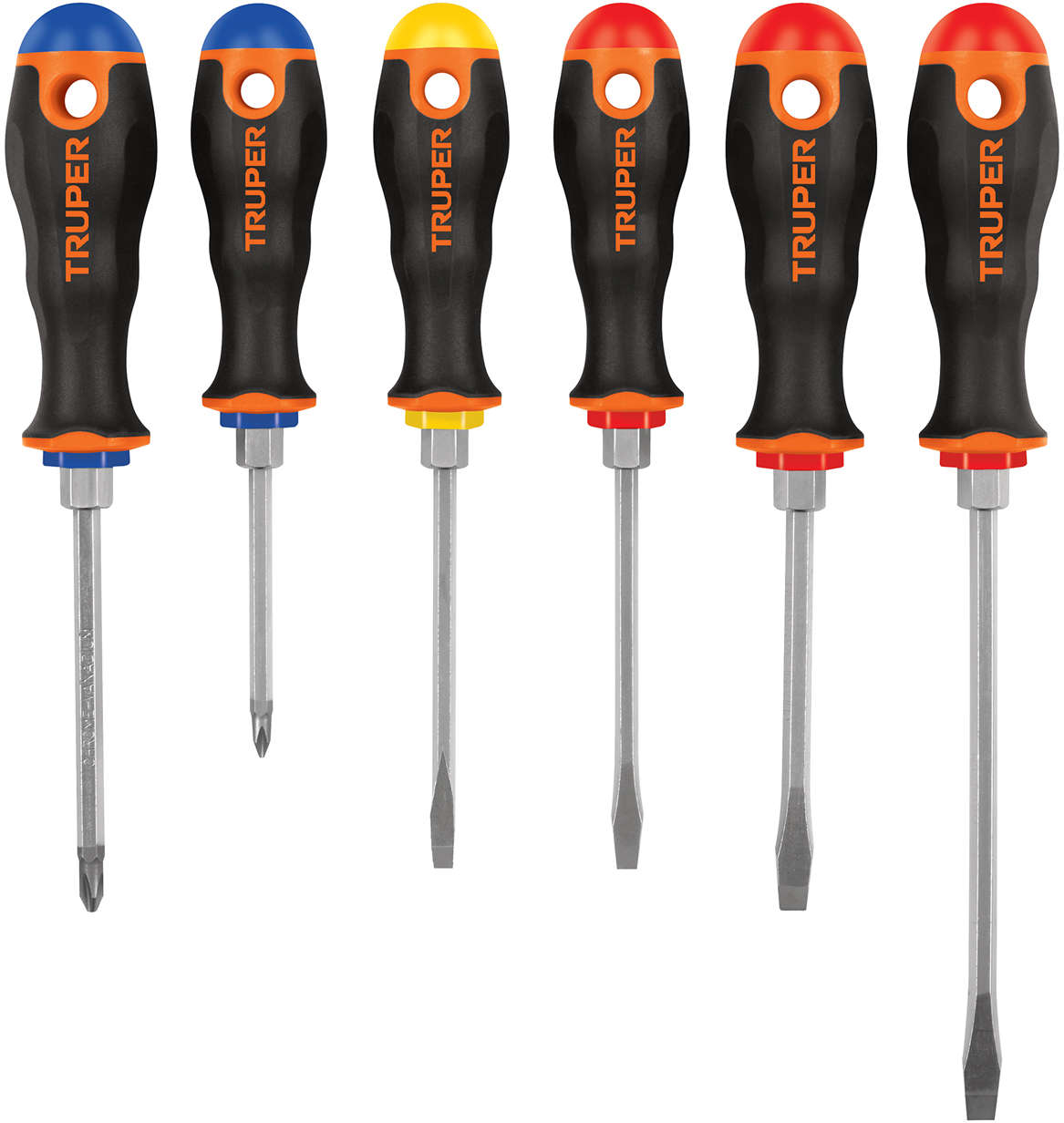 TRUPER Comfort Grip Screwdriver Set Pack of 6 Chrome Vanadium Steel Comfort Grip Black/Orange/Blue Hexagon on the Bar that Maximizes Torque with the Wrench CrV Bars with Magnetic Tip 20300620