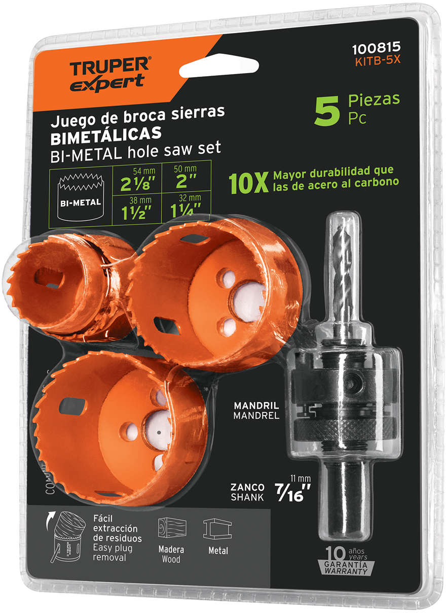 TRUPER Set of 4 Bimetallic Hole Saws and 1 Mandrel Cutting Depth 50 mmPack of 5 Orange/Black 20300624