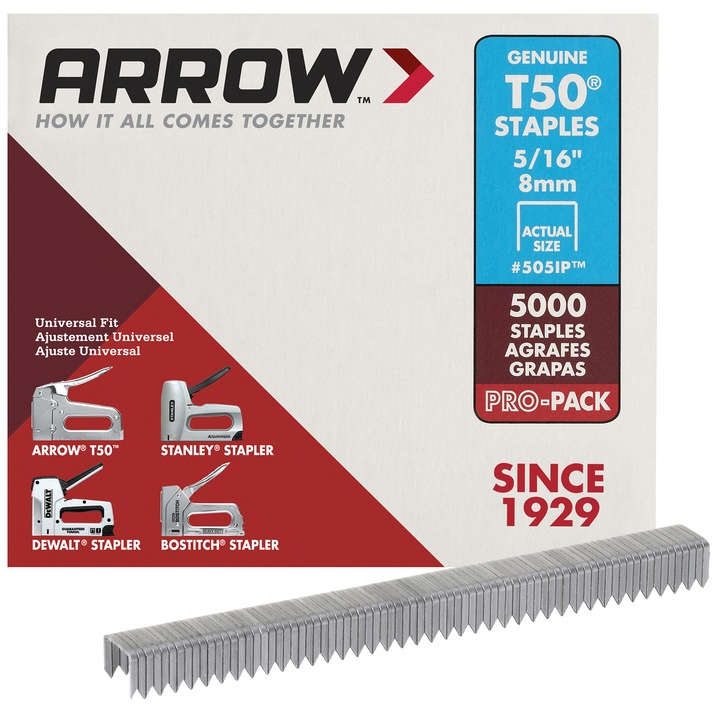 Arrow T50 Staples 8 mm Pack of 5000 Universal Fit Flat Crown Heavy Duty 2135077