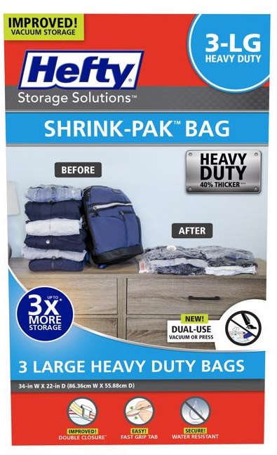 Hefty Shrink-Pak-Bag 34 inch x 22 inch Pack of 3 Heavy Duty Clear 5039134