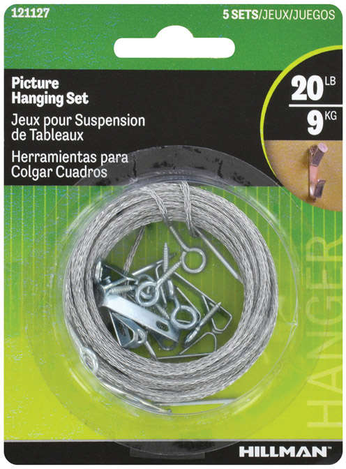 Hillman Picture Hanging Set Contains 15 Feet Braided Wire 5 Picture Hangers (Capacity 20 lbs) 10 Screw Eyes 50593