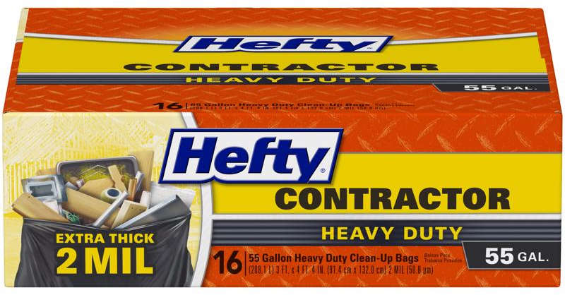 Hefty Contractor Heavy Duty Bags 55 Gallons Pack of 16 Bags 2 Mil Thickness No Scent Polyethylene Resin Twist Tie Black 6013081