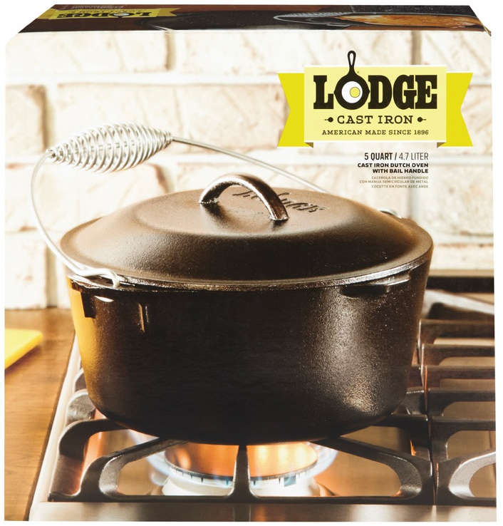Lodge Cast Iron Dutch Oven with Rail Handle 5 Quarts Black 6102925