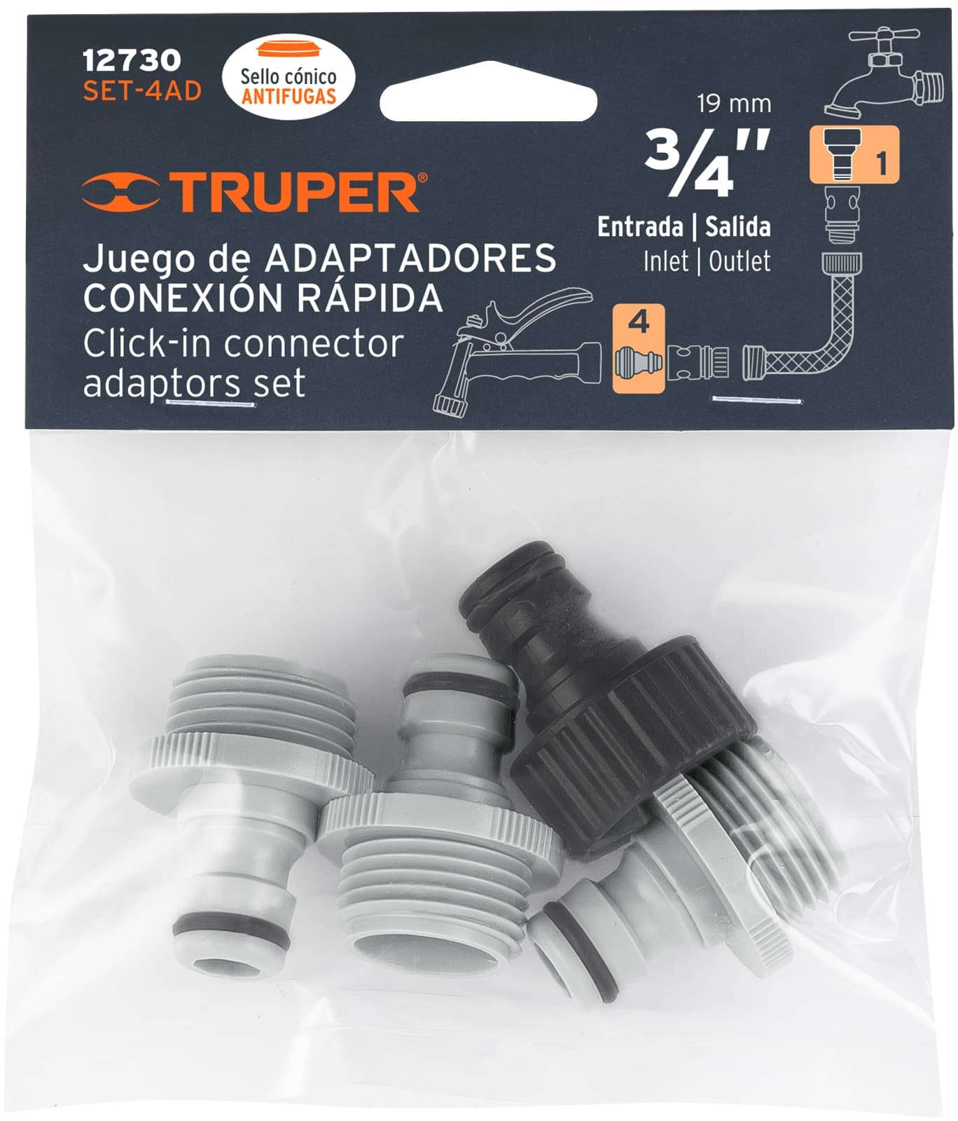 TRUPER Quick-Click Garden Hose Connector Set Includes 1 Female and 3 Male Connectors Inlet/Outlet 19 mm 70300079