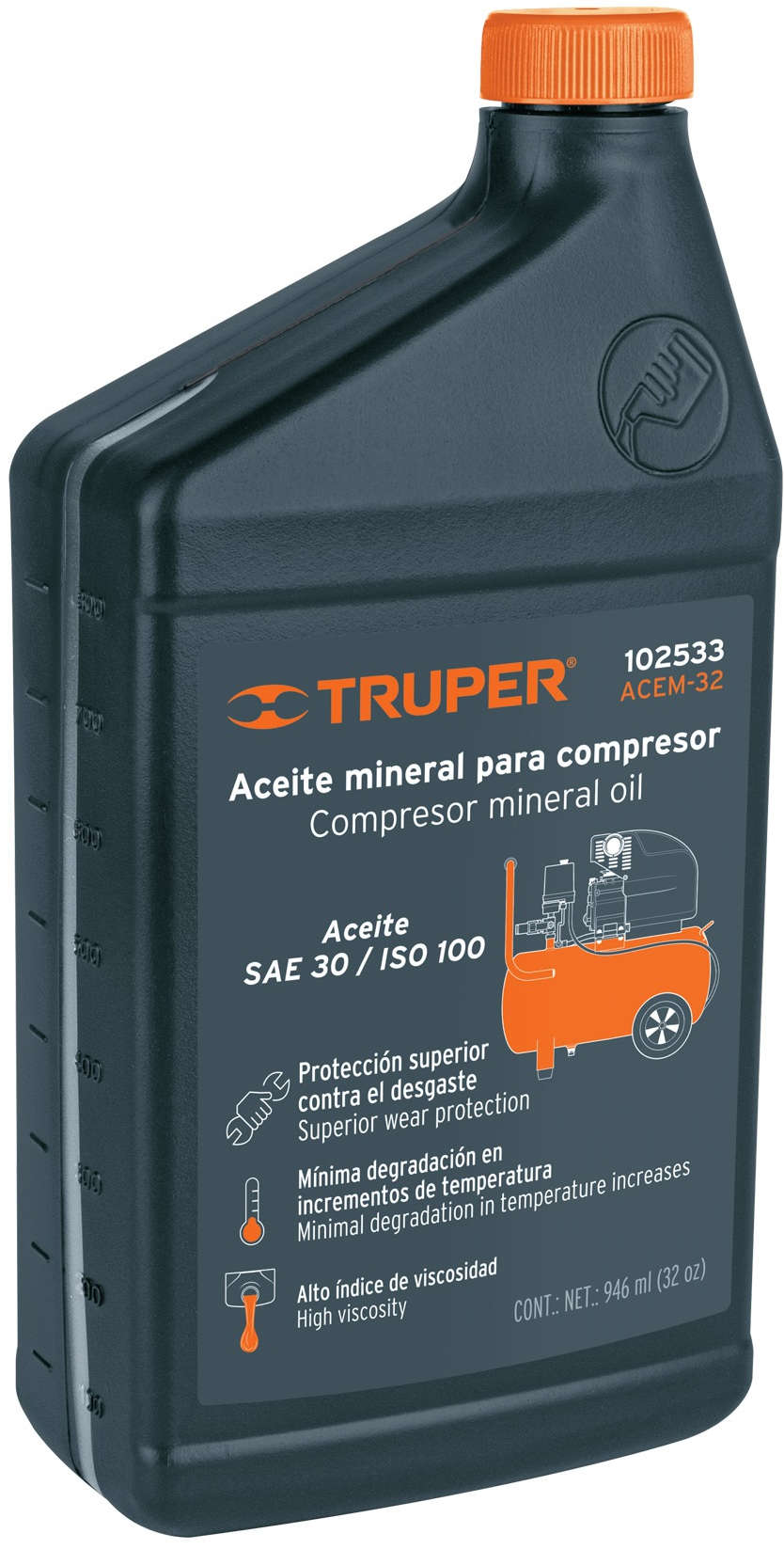 TRUPER Compressor Mineral Oil SAE 30 946 ml High Viscosity Superior Wear Protection Minimal Degradation in Temperature Increases 80300101