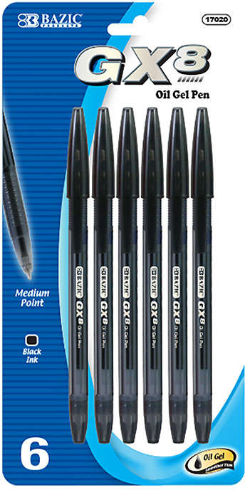 Bazic GX-8 Black Oil Gel Ink Pen Medium Point Pack of 6 90100035