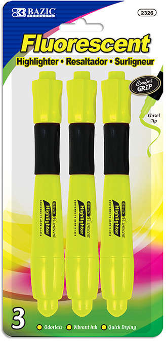 Bazic Yellow Desk Style Fluorescent Highlighters with Cushion Grip Pack of 3 90100059