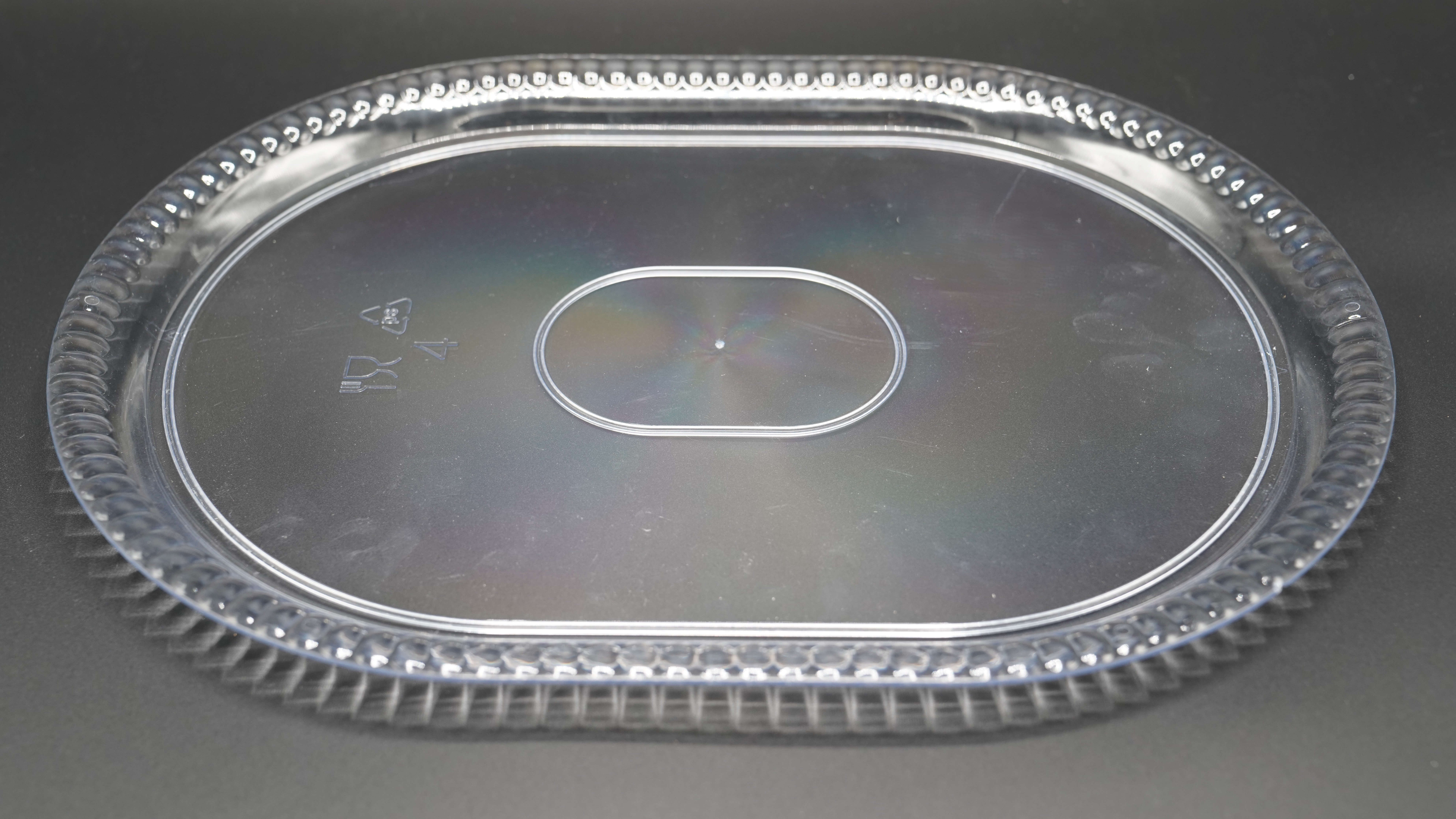 Crystal clear plastic tray, oval shape with geometric pattern, 42 cm, good quality, reusable, 38 pieces