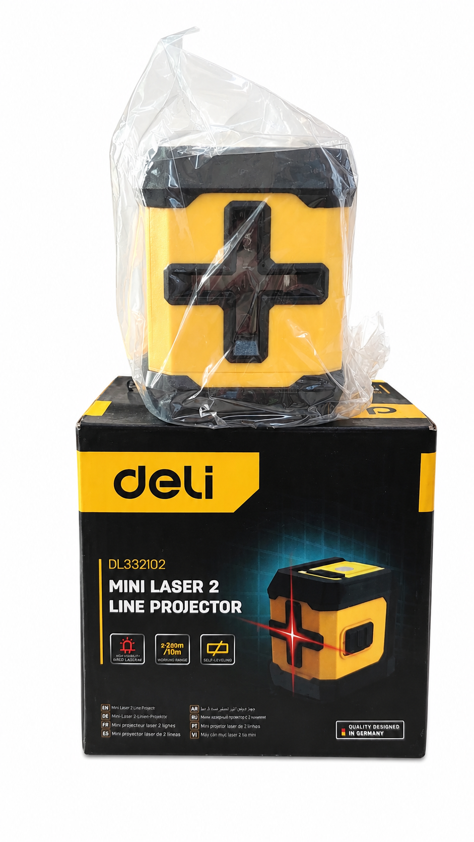 Deli Mini 2-line self-leveling laser level with horizontal and vertical cross lines, red light, 18m range, ±3mm/10m accuracy DL332102
