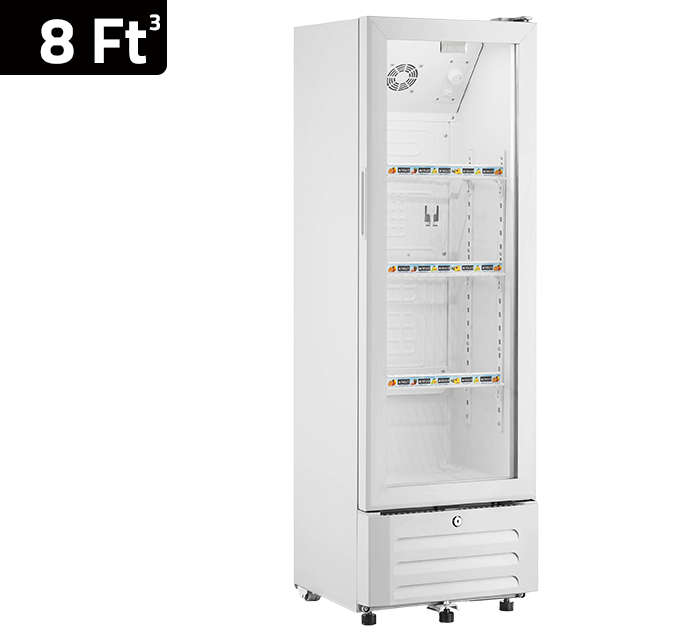 Newal Vertical beverage cooler with voltage-stable compressor, 3 steel shelves, and interior LED lighting, 8 feet tall BTL-230/01