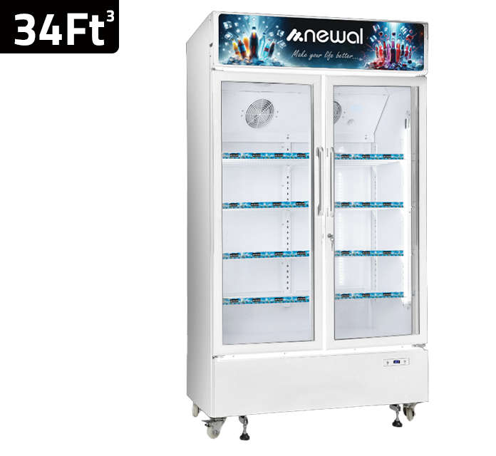 Newal Multi-door bottle cooler with double glass doors, digital control panel, interior LED lighting, and tropical compressor, 34ft showcase chiller BTL-650/01
