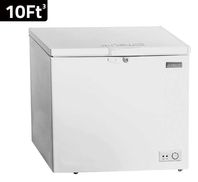 Newal Chest freezer with 10 cubic feet capacity and glass sliding door, tropical compressor, and voltage protection FRZ-158/01