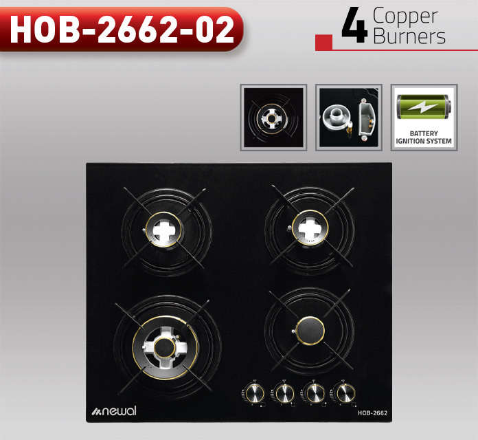 Newal Gas Hob with 4 Burners, Auto Shut-Off, and Tempered Glass Top HOB-2662/02