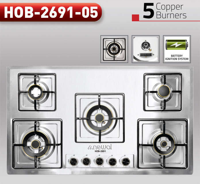 نيوال موقد غاز مدمج بخمسة شعلات وسطح من الفولاذ المقاوم للصدأ، عرض 90 سم HOB-2691/05