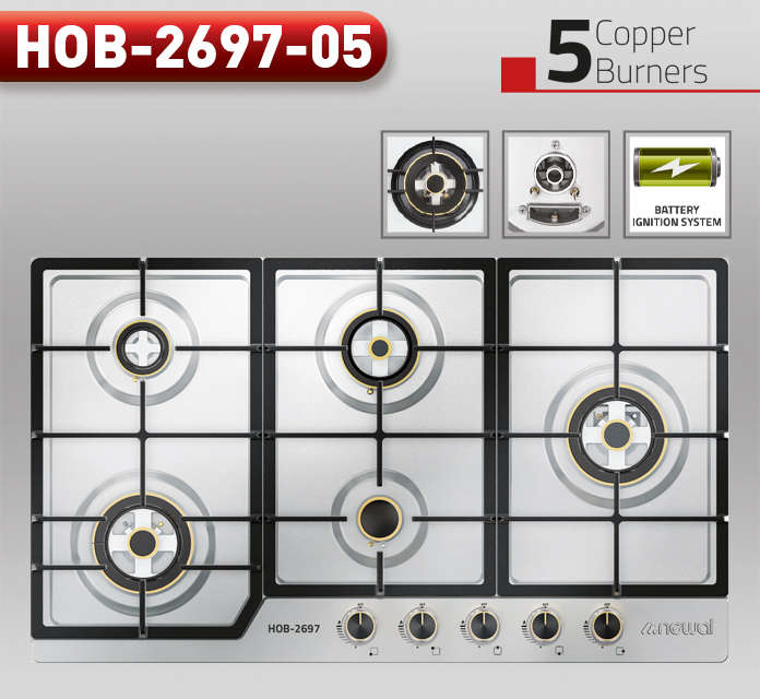 Newal 5-Burner Built-in Gas Cooktop with Battery Ignition and Flame Failure Safety System, Stainless Steel or Black Tempered Glass Surface HOB-2697/05