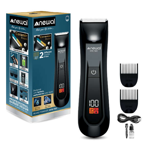 Newal Beard trimmer with ceramic blades, turbo function, built-in LED light, and IPX5 waterproof rating, 6200 RPM, cordless with 60 minutes runtime HTR-7301