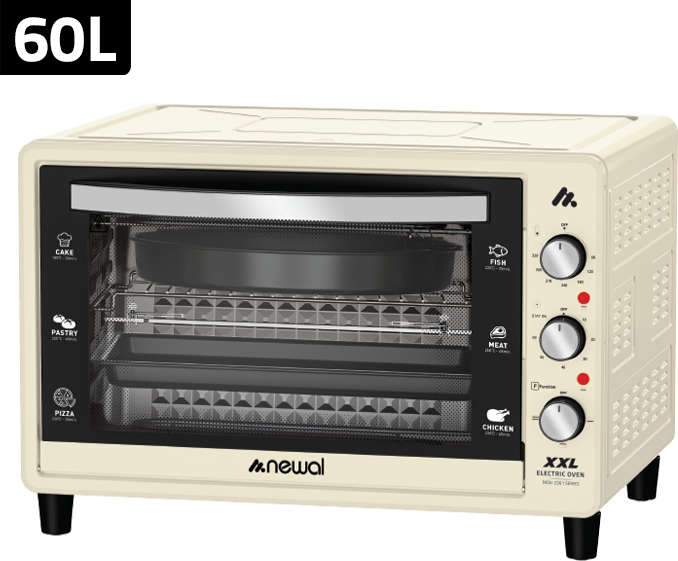Newal Mini electric oven with 60L capacity, 320°C thermostat, 60-minute timer, rotisserie function, and stainless steel chrome nickel grill MOV-2261/04