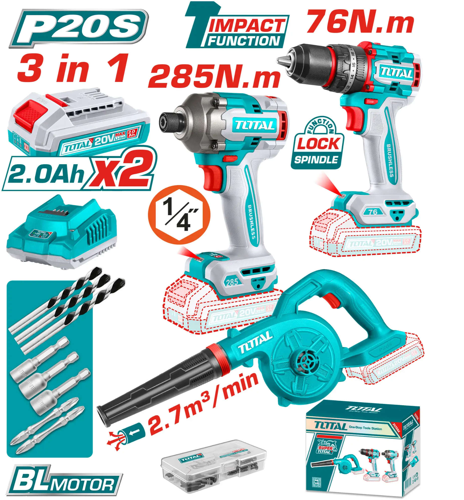 TOTAL 3-piece combo kit includes a blower, cordless drill, and impact drill 20V TOSLI250182
