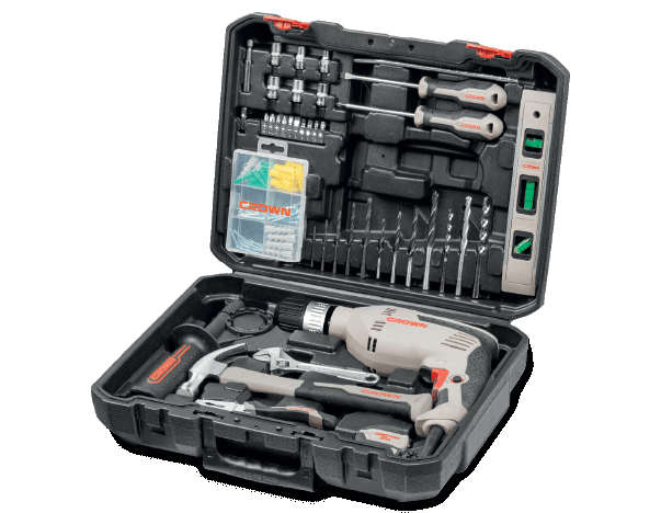 CROWN 98-piece impact drill tool set with 600W impact drill and assorted accessories CK10-XA98