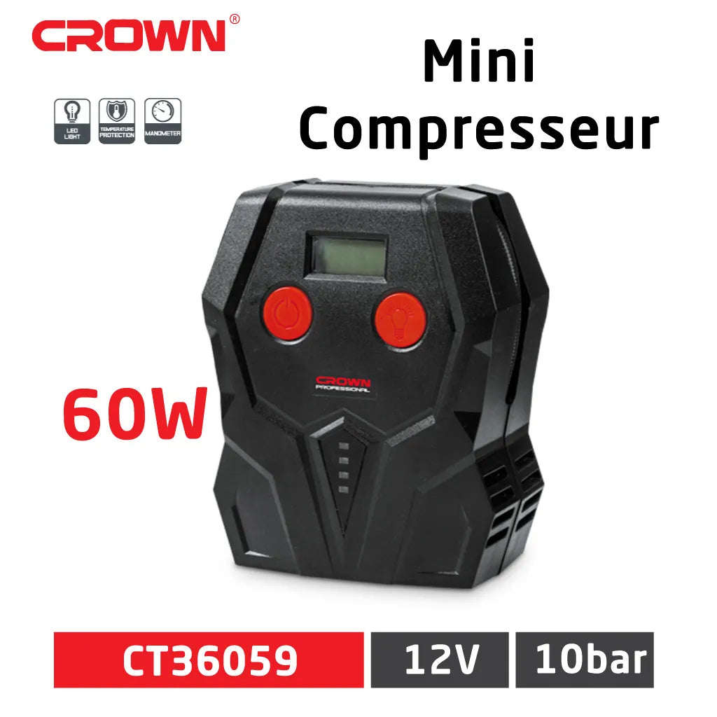 كراون ضاغط هواء للسيارة 12 فولت 60 واط مع مقياس ضغط ومصباح LED CT36059