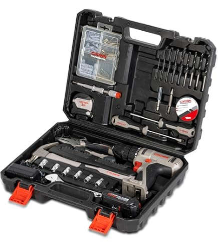 CROWN 126-piece cordless battery drill and tool kit with assorted drill and screwdriver bits, hammer, pliers, and wrench CK21-XA126