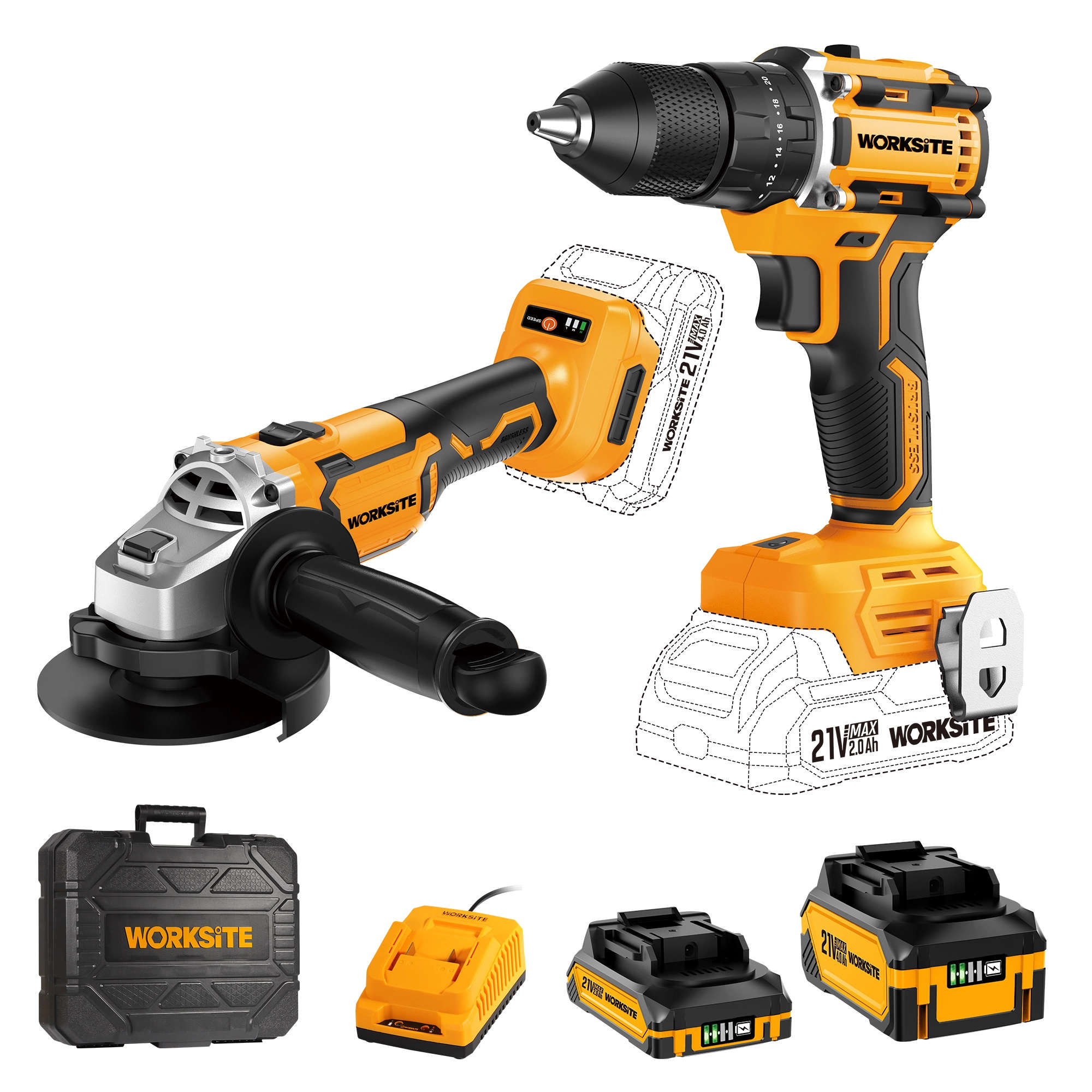 Worksite 21V Cordless Brushless Impact Drill 13mm With Cordless Brushless ANGLE GRINDER 115MM CAG341M