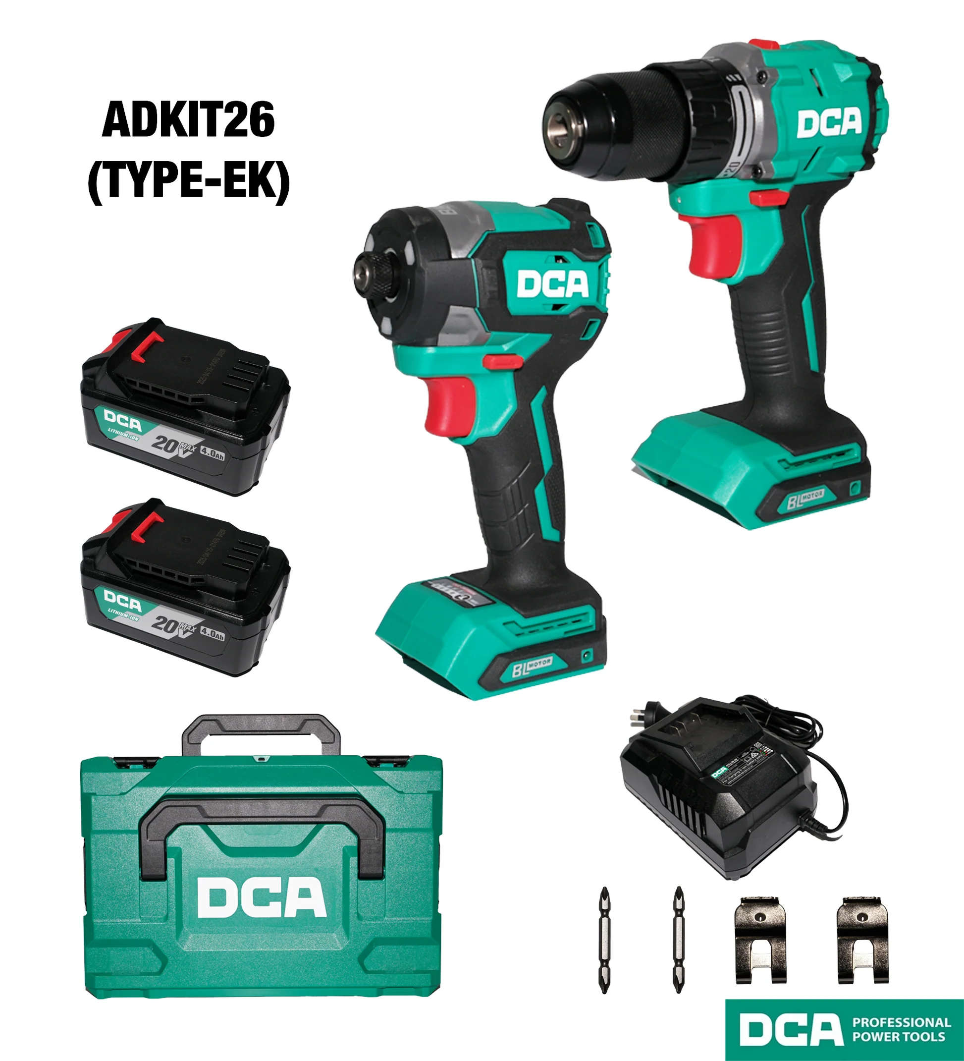 DCA i2060 13mm 60N hammer drill kit with 208 20V impact drill, 2 x 4Ah batteries, and charger ADKIT26 (TYPEEK)