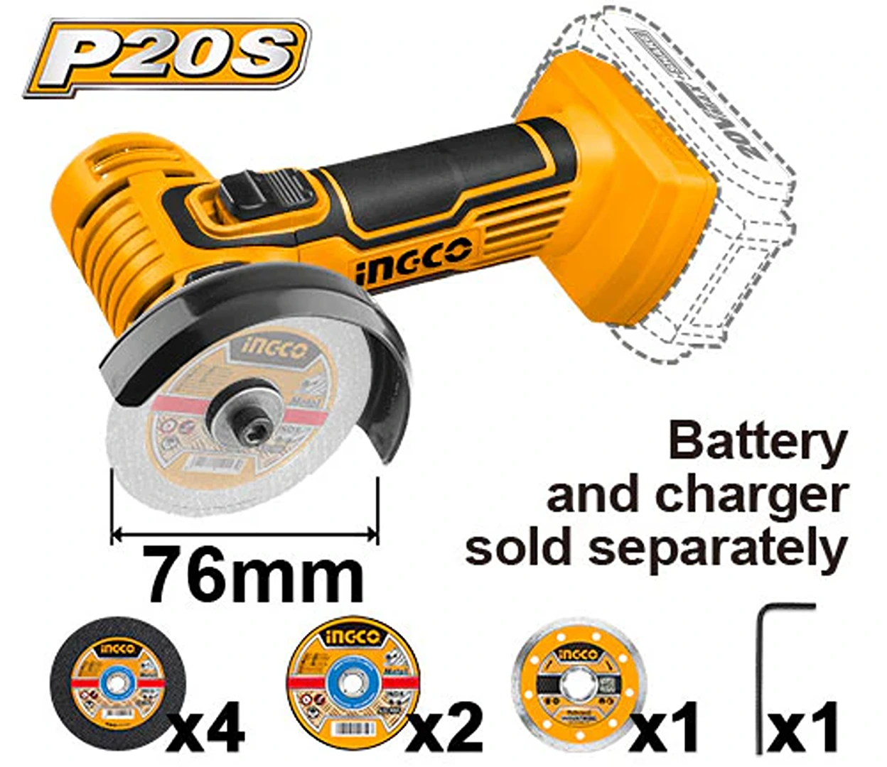 INGCO Cordless Angle Grinder 115mm 20V Brushless CAGLI7601