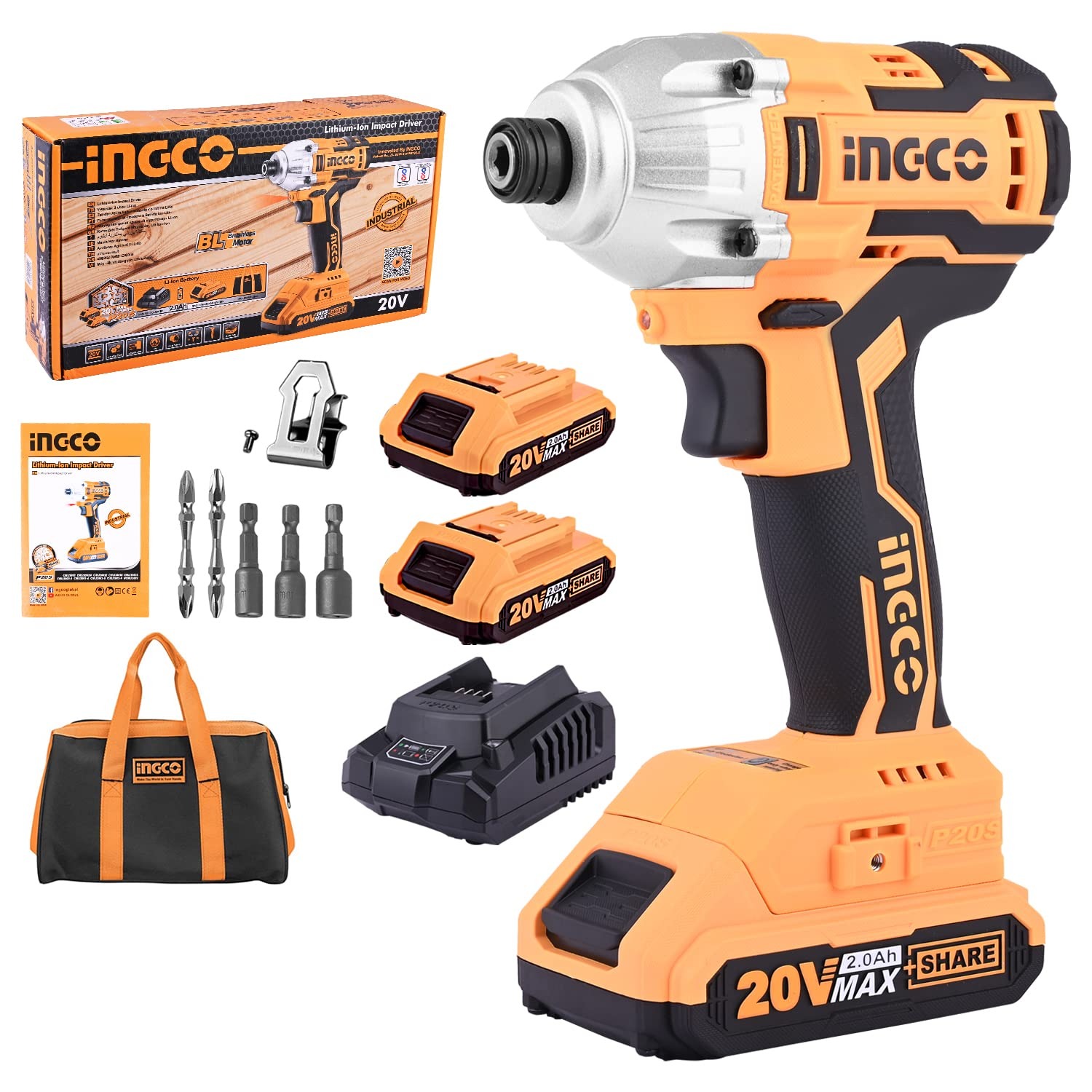 INGCO Lithium-Ion Impact Driver 1/4 Inch Power Tool 170 Nm High Torque Hex Impact Wrench 2pcs 2.0Ah Battery And Canvas Bag CIRLI2002