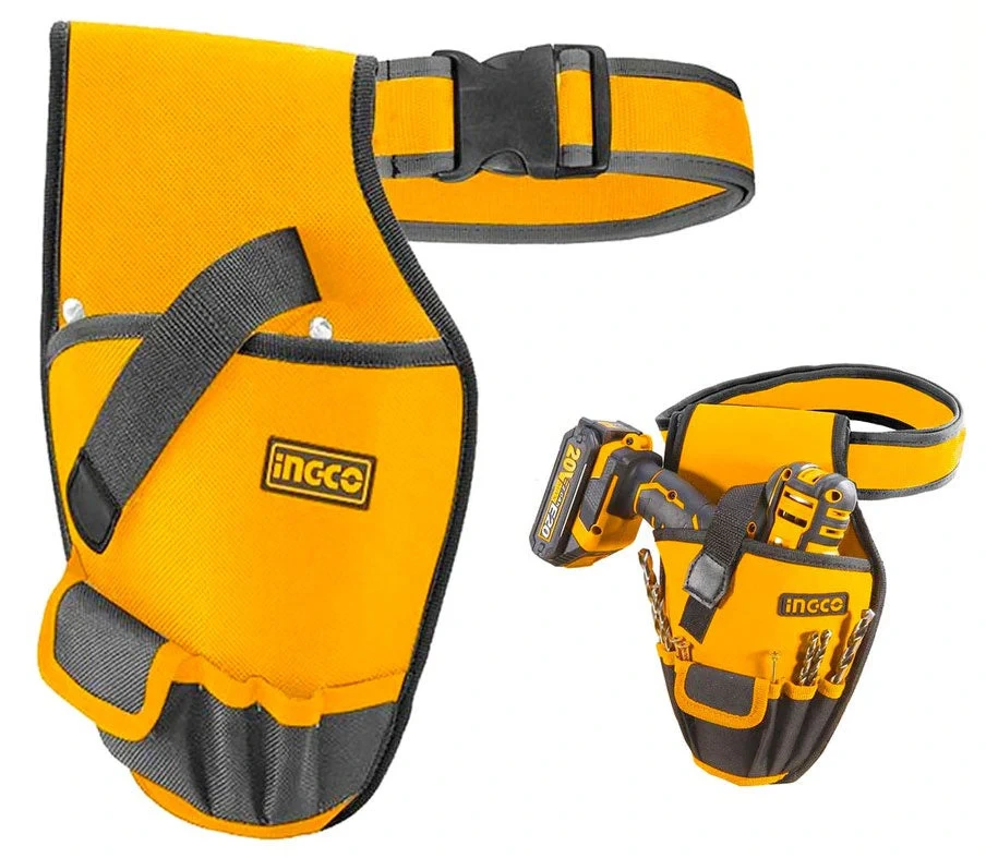INGCO Small Tool Bag Organizer with Belt, Electrician Drill Pouch, 6 Pockets 600D Polyester with Tool Belt HTBP03011