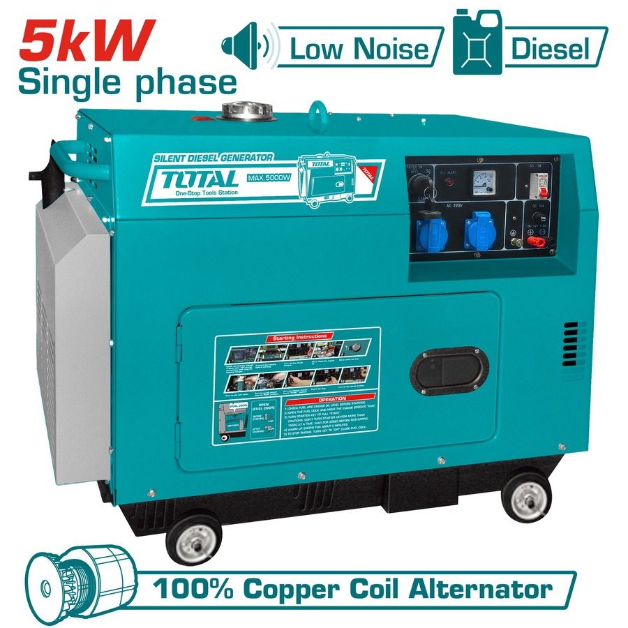 TOTAL Silent Diesel Generator 5,000W 20Amp Electrical Start TP250001