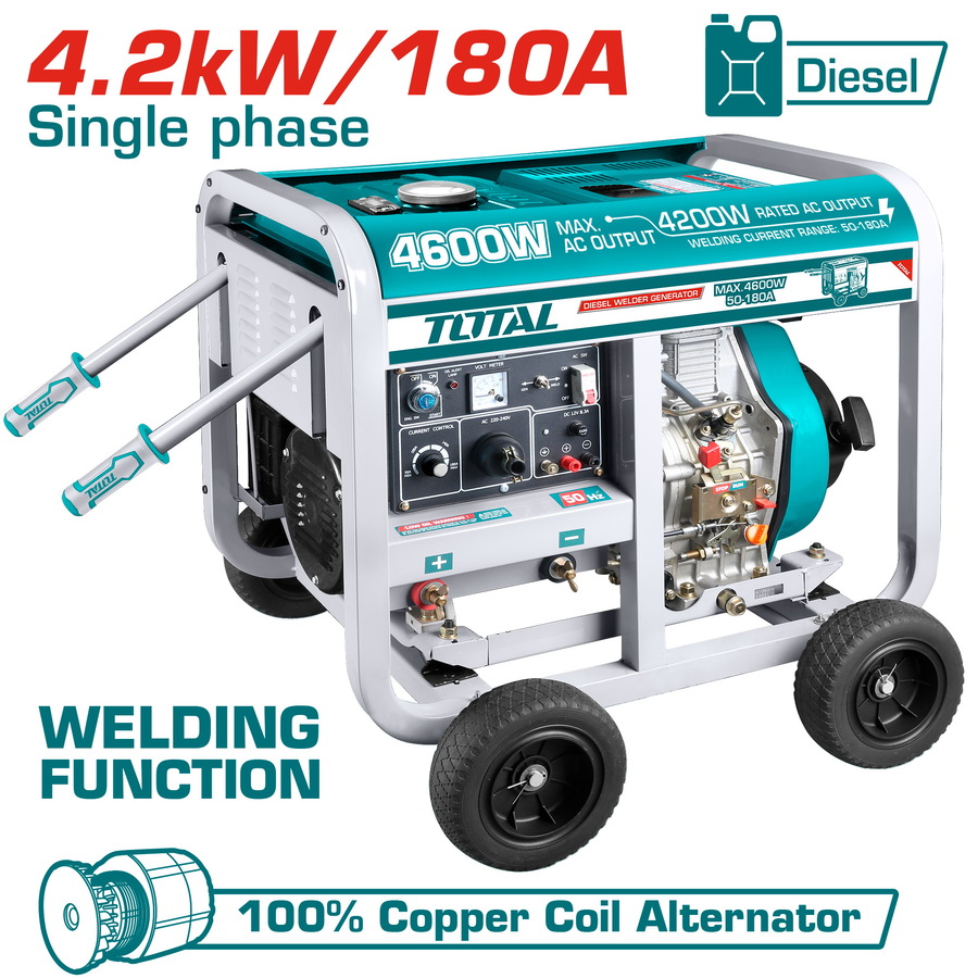 TOTAL Diesel Welder and Generator, 4.6KW, 3000RPM, Welding current 50-180A, Starting system Recoil And Electric TP446001